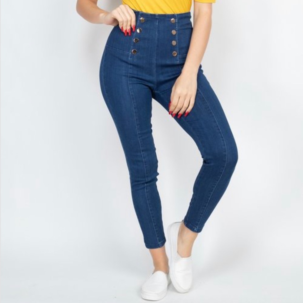 NEW FALL TRENDY DARK BLUE WASH DENIM HIGH WAIST WOMEN JEANS GOLD BUTTON DETAILS - Picture 5 of 12